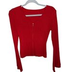 Red Ribbed Knit Zip Up Cardigan Bell Sleeve Cropped Sweater Top‎ Size M Photo 0