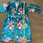Teal Blue Floral Pink Purple White Satin Robe Size Small Photo 3