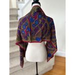 Vintage 80s Olive Cobalt Blue Burgundy Silk Lotus Floral Paisley Scarf Photo 4