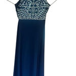 Morgan & Co Strapy Open Criss Cross Back Maxi Gown Dress Sz 7/8 Navy/White NWT Blue Photo 0