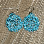 Beautiful Pierced Earrings Lace Like Open Metal Work Turquoise Colored Dangles Blue Photo 3