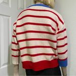 Striped Thick Knit Heart Patch 3/4 Sleeve Cropped Cardigan Sweater Red Photo 3