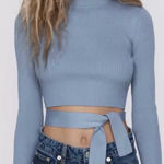 ZARA  Open Back Mock Neck Self Tie‎ Bow Blue Knit Sweater Size Medium Photo 0