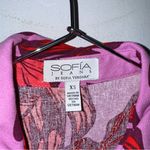 Sofia Jeans XS Linen Blend Button‎ Down Tie Front Pink Red Palm Leaves Top CP Photo 2