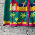 Vintage Embroidered Knit Sweater Funky Colorful Tropical Beach Scene Size Medium Green Photo 3