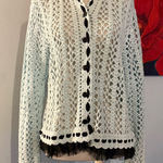 Vintage Anthropologie M One Girl Who Sweater Blue Crochet Knit Fringe Cardigan Black Size M Photo 0