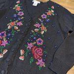 Vintage Beaded Floral Cardigan Scalloped Button Front Boxy Oversized Black M Size M Photo 1