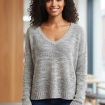 American Eagle NWT White, Silver Metallic V-Neck Pullover Sweater Womens Small Photo 1