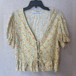 Sophie Rue  Women Sz L Yellow Blue Floral‎ Puff Sleeve Tie Front Top Cottagecore Photo 0