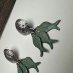 Fish Charms Silver Tone & Green Dangle Drop Pierced Earrings Rustic Style Photo 2