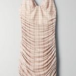 Aritzia Wilfred Winona Plaid Mesh Ruched Bodycon Tie Shoulder Straps Mini Dress Photo 5