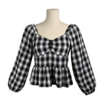 Pleione  Plaid Peplum Blouse Square Neck Long Sleeve Western‎ Black White Size M Photo 0