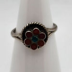 Vintage Southwestern Sterling Silver Turquoise & Coral Flower Ring (4.25) Red Photo 0