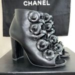 Chanel Lambskin Black Camellia Floral Leather Ankle Dressy Heel Boots Size 36.5 Photo 0