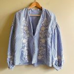 ZARA  Trafaluc White Blue Striped Blouse Buttons‎ Up Embroidered Size XS Photo 1