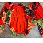 Free People  Red Floral Hibiscus Off Shoulder Crop‎ Top Linen Size Small Photo 4