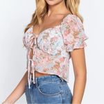 Active USA  Sheer Floral Chiffon Tie Front Crop Blouse Blue Pink 1XL Puff Sleeve Photo 3