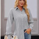 NEW Shirred Cuffed Striped Boyfriend Shirt Button down Long Sleeve Oversized L Blue Size L Photo 4