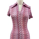 VTG 70s Miss Fashionality Red/ Multi Flame Stitch Stretch Top Big Collar Large Red Photo 0