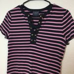 CHAPS  Classics Striped‎ Lace-Up T-Shirt Short Sleeve Casual Top Small Photo 1