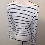 Live in the Moment White Cropped Long Slv Button Scoop Neck Top M Black Stripes Photo 3
