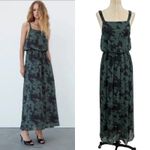 ZARA Maxi Dress Tie Dye Printed Chiffon Beaded Straps Green Size Small Photo 1