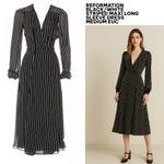Reformation  BLACK/WHITE STRIPE MIDI LONG SLEEVE WRAP V‎ NECK DRESS MEDIUM EUC Photo 1