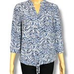 cupio Womens Blouse Top Shirt Floral Print Button Down Tie Hem Blue White Medium Photo 0