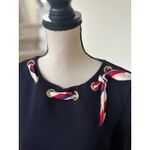 Talbots  Navy Ponte Fit & Flare 3/4 Sleeve Knee Length Parisian Scarf Tie Dress Photo 5