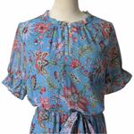 Loft Short Ruffle Sleeve Tie Waist Dress Blue Pink Floral Women’s Size Large Photo 4