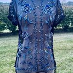 White House | Black Market Black Mesh and Blue Floral Embroidered Short Sleeve Top Photo 6