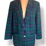 Vintage 90s Petite Green Navy Blue Plaid Wool Blazer Jacket Gold Buttons Preppy Size 16P Photo 0