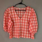 Melrose and Market plaid cotton vneck top with balloon sleeve size L Photo 0