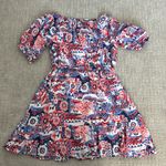 Loft Scribble Ruffle off the Shoulder Dress red white Blue White Mexican inspire Photo 7