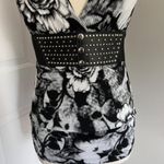 Y2K BLACK AND WHITE ROSE PRINT BELTED HALTER‎ NECK TANK TOP Size L Photo 2
