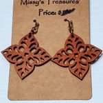 Handmade Wooden Dangle Floral Earrings Hook Unsigned 2" New Brown Photo 1