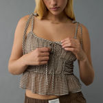 American Eagle 2024 Smocked Gingham Babydoll Tie Crop Top | Brown | Large Photo 0
