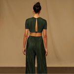 ONIA NWT Plisse Underwire Short Sleeve Crop Top Dark Forest Green Keyhole Back M Photo 2