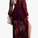 Mesh Lace Overlay Long Sleeve Maxi Dress Maroon Large Photo 1