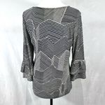 New Direction Long layered bell sleeve navy and cream jacquard print top size medium Photo 4