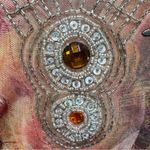 3/4 Sleeve Floral Print Top w Mesh Trimmed V Neckline & Beaded Medallions Bleu Size L Photo 6