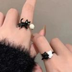 Cat Lovers Black White Cat Cuff Rings 2 Pc Set‎ Simple Adjustable Open Ring Photo 6