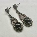 Vintage Antique Art Deco Sterling Silver Marcasite Pendant Onyx Drop Earrings Black Photo 0