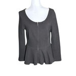 Ganni  Textured Peplum Hem Zip Front Ponte Ruffle Top Black Large 3/4 Sleeve Photo 1