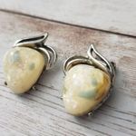 Vintage Clip On Earrings Unusual Cream Stone with Green Flecks Photo 1
