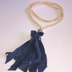 Elegant Beaded Boho Necklace with Navy Fabric Tassel Blue Photo 0