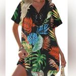 Ekouaer Lace Crochet Summer Beach Cover Up Dress Black Leaf Print Size 2XL NWT Blue Photo 0