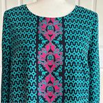 Crown & Ivy Dress Shift 3/4 Sleeve Geo Elephant Print Navy Turquoise Pink Size 8 Photo 2