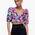 ZARA NWT  Floral Cropped Top Plunging Neck Puff Half Sleeves S Black Pink Purple Photo 0