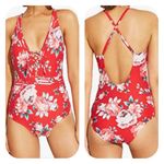 Kona Sol  Floral One Piece Swimsuit Red Lace Up NWT Sz Small Photo 1